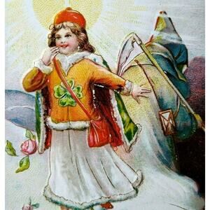 New Years Postcard Grim Reaper Irish Girl Clover Embossed Series 8084 Germany